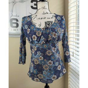 Cha Cha Vente Size Medium Top Blouse Floral Blue Strechy Mesh